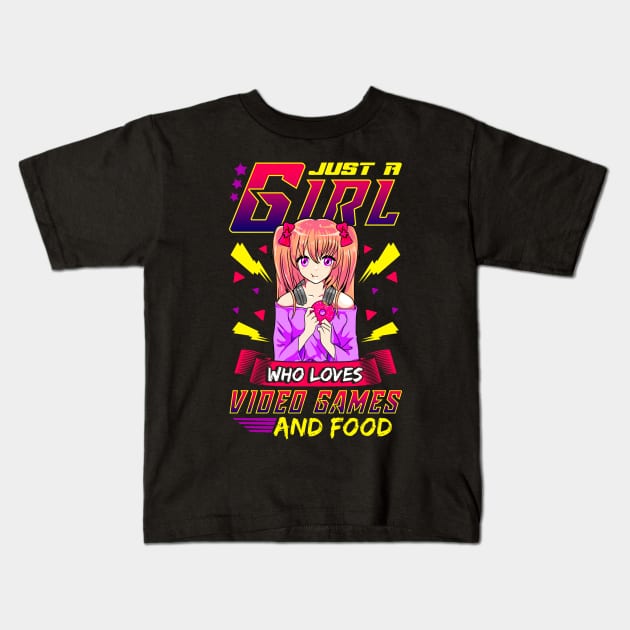 Funny Just A Girl Who Loves Video Games And Food Kids T-Shirt by theperfectpresents